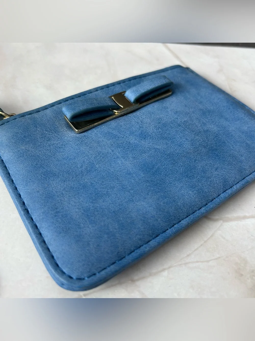 Blue Suede Bow Accent Wristlet Key Pouch